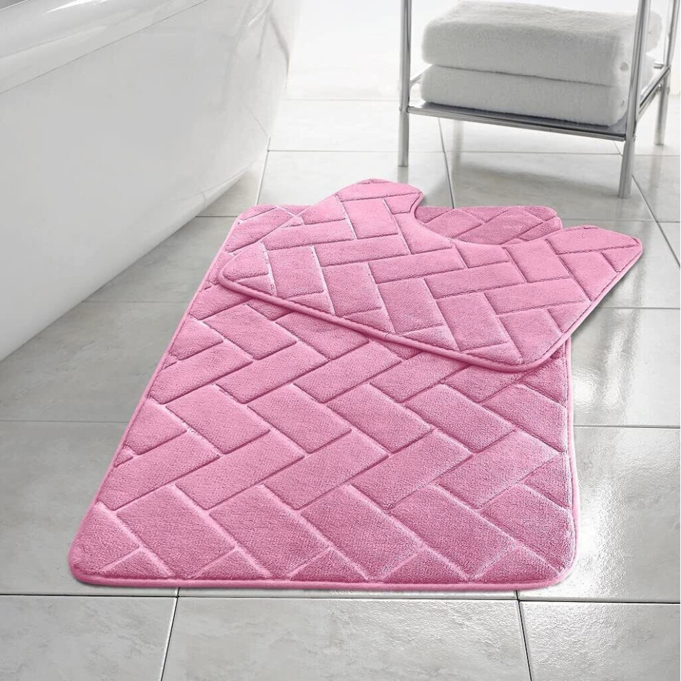 (Pink) ebbles Block BATH MAT SET PEDESTAL NON SLIP SUPER SOFT TOILET BATHROOM RUG 2PC