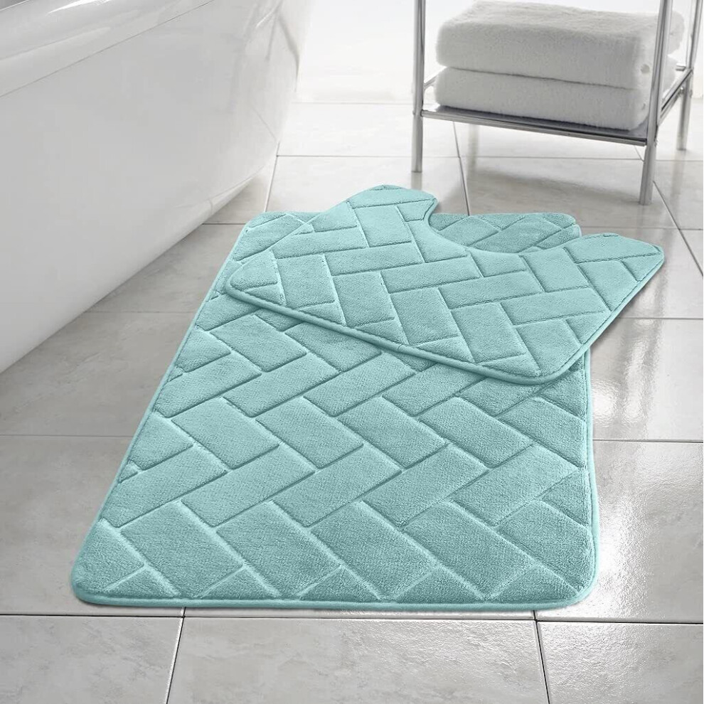 (Aqua) ebbles Block BATH MAT SET PEDESTAL NON SLIP SUPER SOFT TOILET BATHROOM RUG 2PC