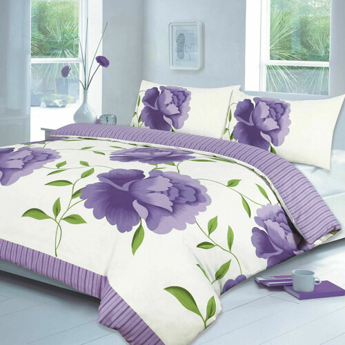 (Lilac, Double) PRINTED DUVET COVER SET POLY COTTON QUILT BEDDING SET