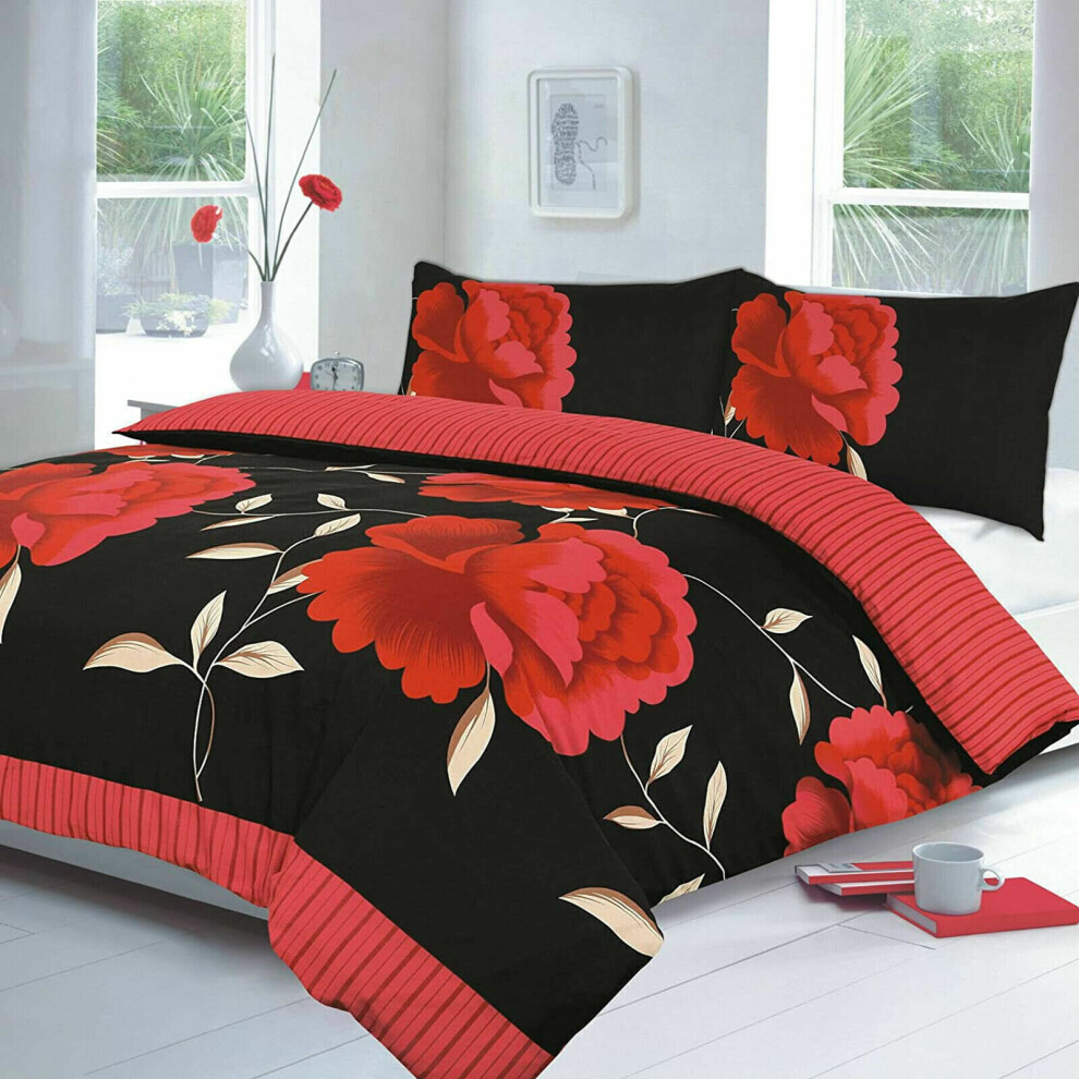 (Red, King) PRINTED DUVET COVER SET POLY COTTON QUILT BEDDING SET