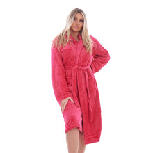 (Pink, M) Malay Womens Fleece Dressing Gowns Plain Soft Pockets Hooded Warm Snuggle Robes