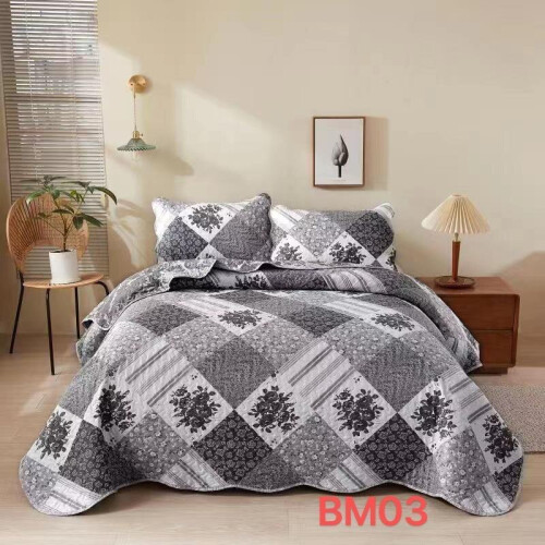 (BM-03) 3 Piece Quilted Patchwork Bedspread Throw Double King Size Bedding Throw Set