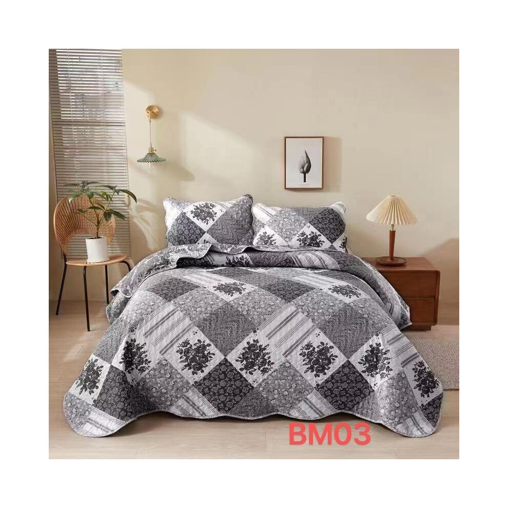 (BM-03) 3 Piece Quilted Patchwork Bedspread Throw Double King Size Bedding Throw Set