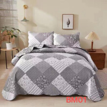(BM-01) 3 Piece Quilted Patchwork Bedspread Throw Double King Size Bedding Throw Set