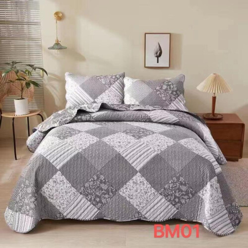 (BM-01) 3 Piece Quilted Patchwork Bedspread Throw Double King Size Bedding Throw Set