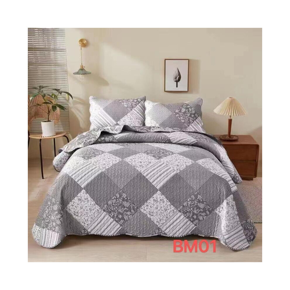 (BM-01) 3 Piece Quilted Patchwork Bedspread Throw Double King Size Bedding Throw Set