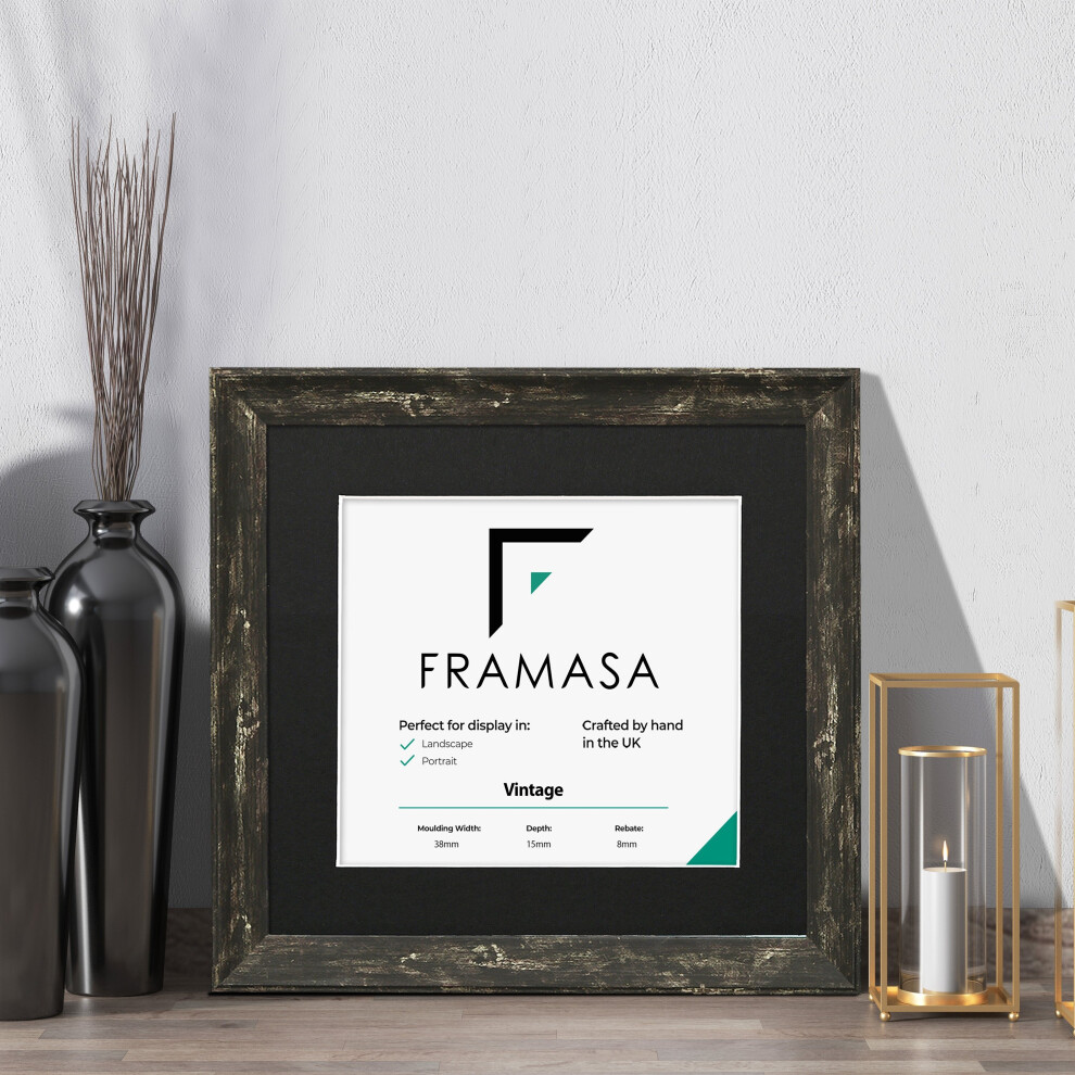 (Black Frame Black Mount, 60x60CM Pic (70x70CM Frame)) Vintage Distressed Black Photo Frames Shabby Wood Effect Picture Frames With Multicolored Mounts