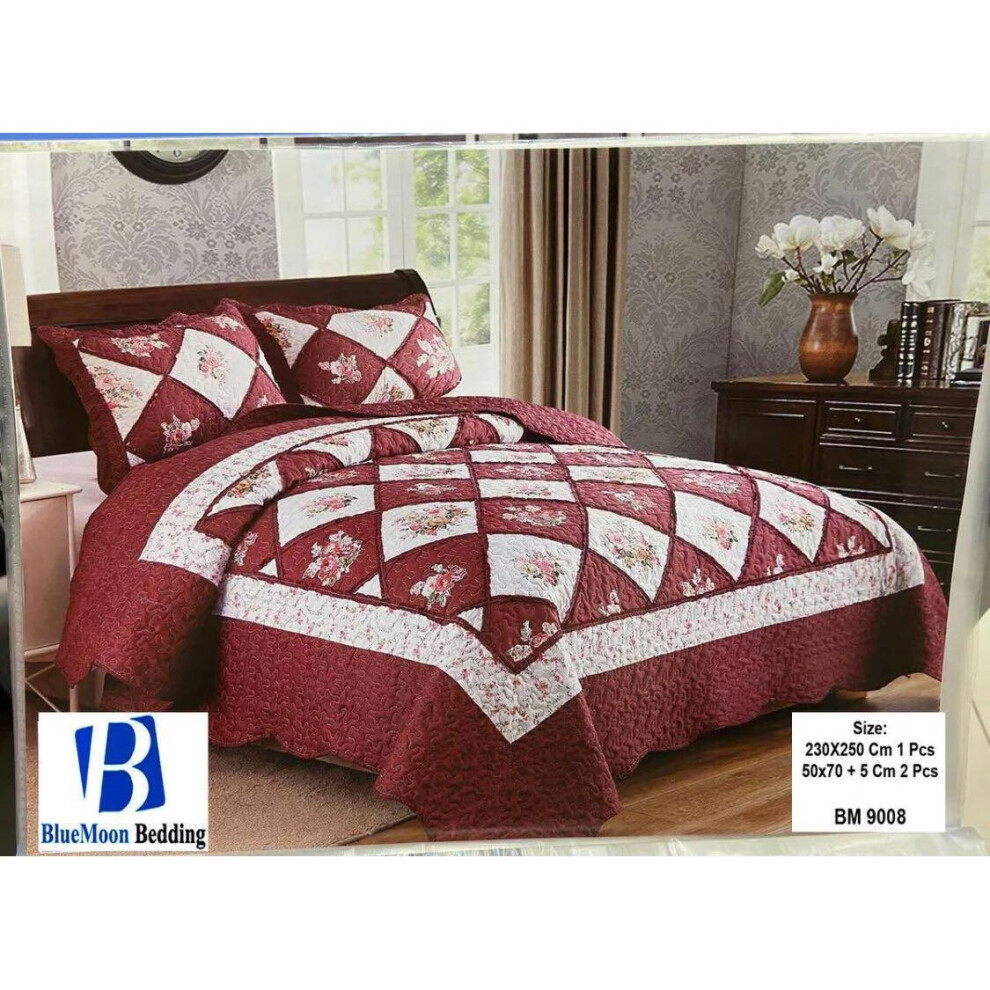 (BM-08) 3 Piece Quilted Patchwork Bedspread Throw Double King Size Bedding Throw Set