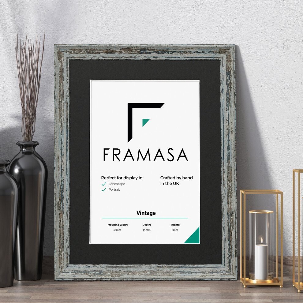 (Blue Frame Black Mount, 20x16 Pic (24x20 Frame)) Vintage Distressed Blue Photo Frames Shabby Wood Effect Picture Frames With Multicolored Mounts-image-OPC-P78ZB8B-NEW