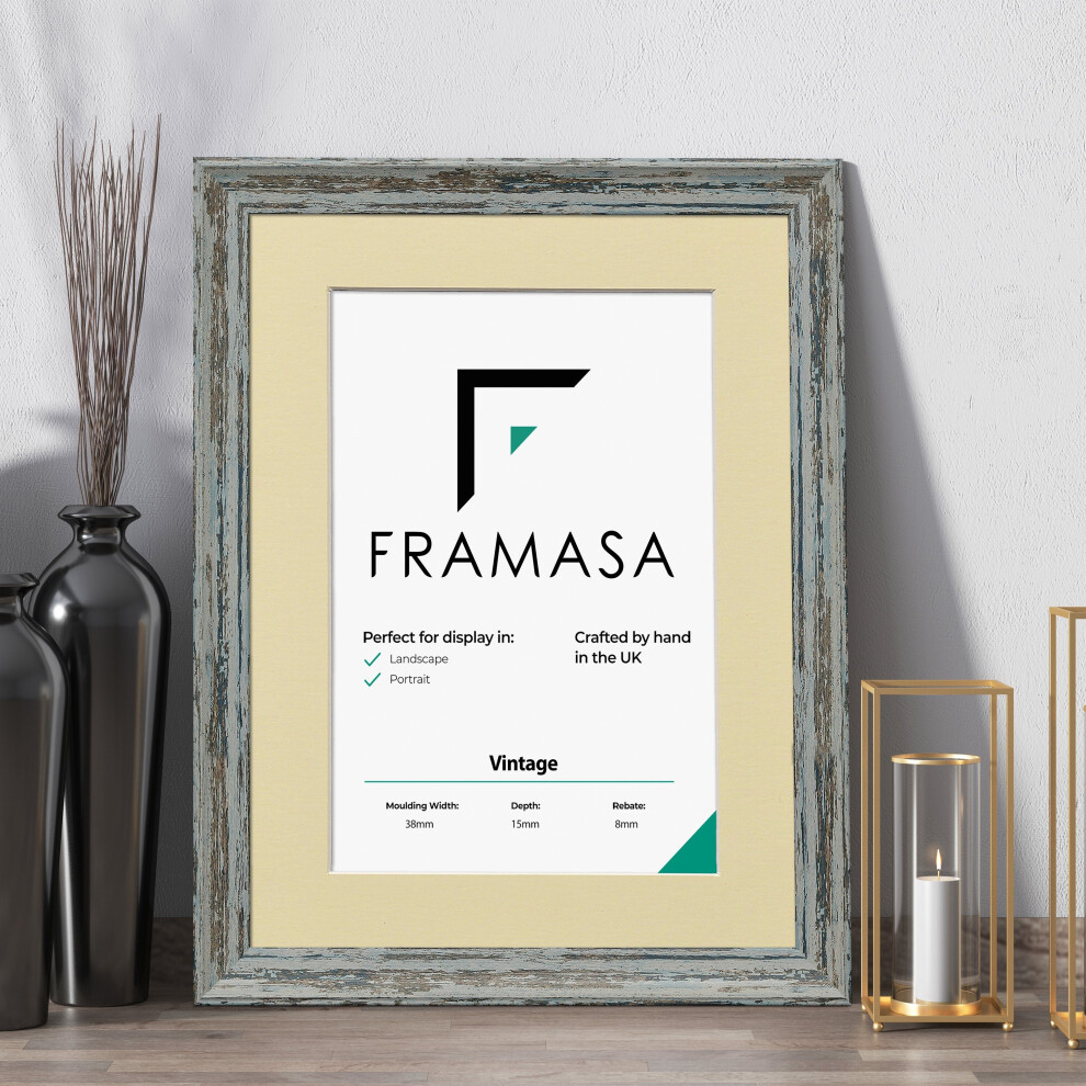 (Blue Frame Ivory Mount, A4 Pic (A3 Frame)) Vintage Distressed Blue Photo Frames Shabby Wood Effect Picture Frames With Multicolored Mounts-image-OPC-P78ZBDX-NEW