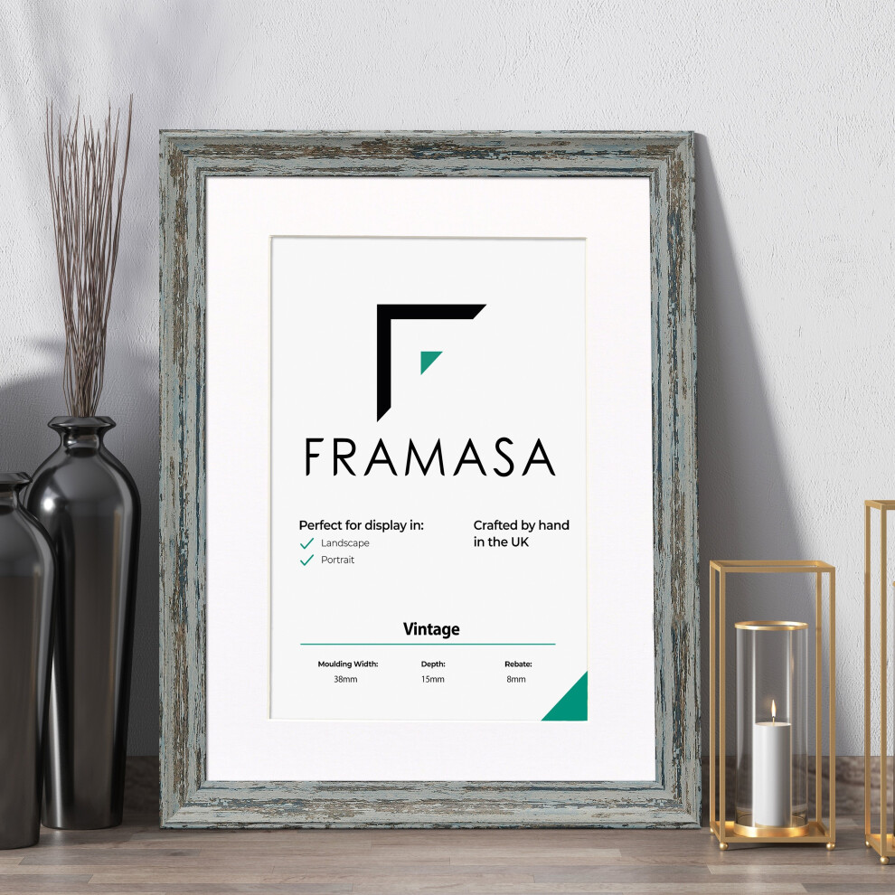 (Blue Frame White Mount, 50x70CM Pic (60x80CM Frame)) Vintage Distressed Blue Photo Frames Shabby Wood Effect Picture Frames With Multicolored Mounts-image-OPC-P78ZBHG-NEW