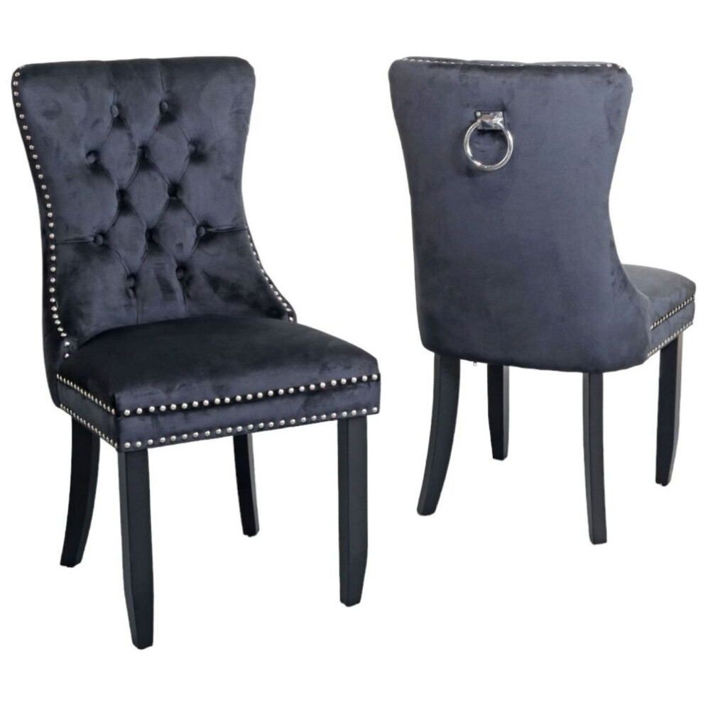 Rivington Knocker Back Black Set Of 2 Dining Chair, Tufted Velvet Fabric Upholstered with Black Wooden Legs