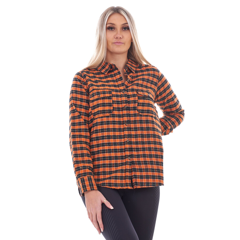 (Orange, XXL) Ladies Check Shirts Flannel Cotton Soft Long Sleeve Pockets Buttons Blouses