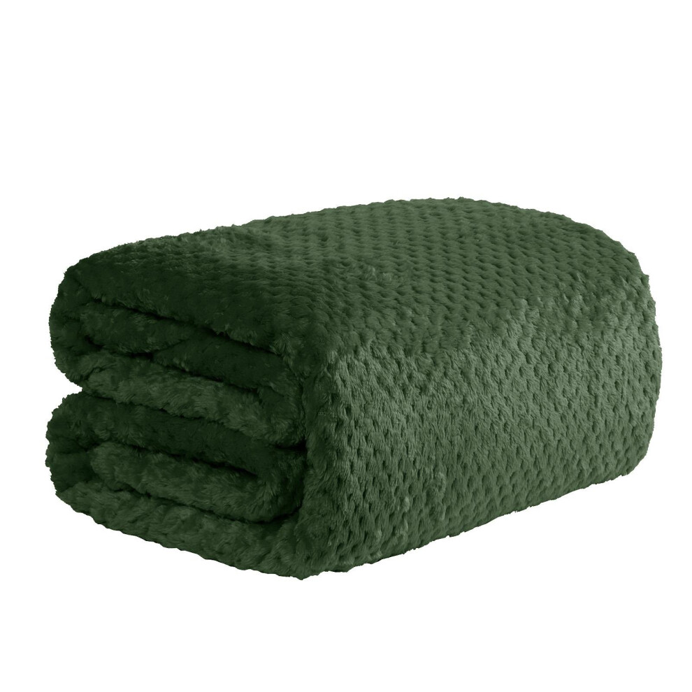 (Forest Green , Single 125 x 150 cm) Luxury Popcorn Waffle Blanket Large Warm Fleece Throw