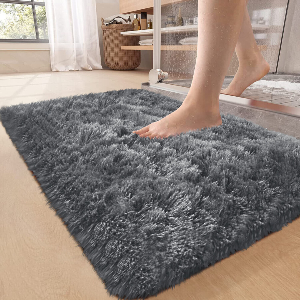 (50cm x 80 cm OR 1 ft 6 in x 2 ft 6 in Bath Mat/ Door Mat, Silver/ Grey- Shaggy Rugs) Non-Slip Rugs Shaggy Rug Living Room Carpet Runner