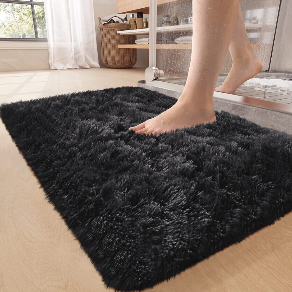 (50cm x 80 cm OR 1 ft 6 in x 2 ft 6 in Bath Mat/ Door Mat, Black- Shaggy Rugs) Non-Slip Rugs Shaggy Rug Living Room Carpet Runner