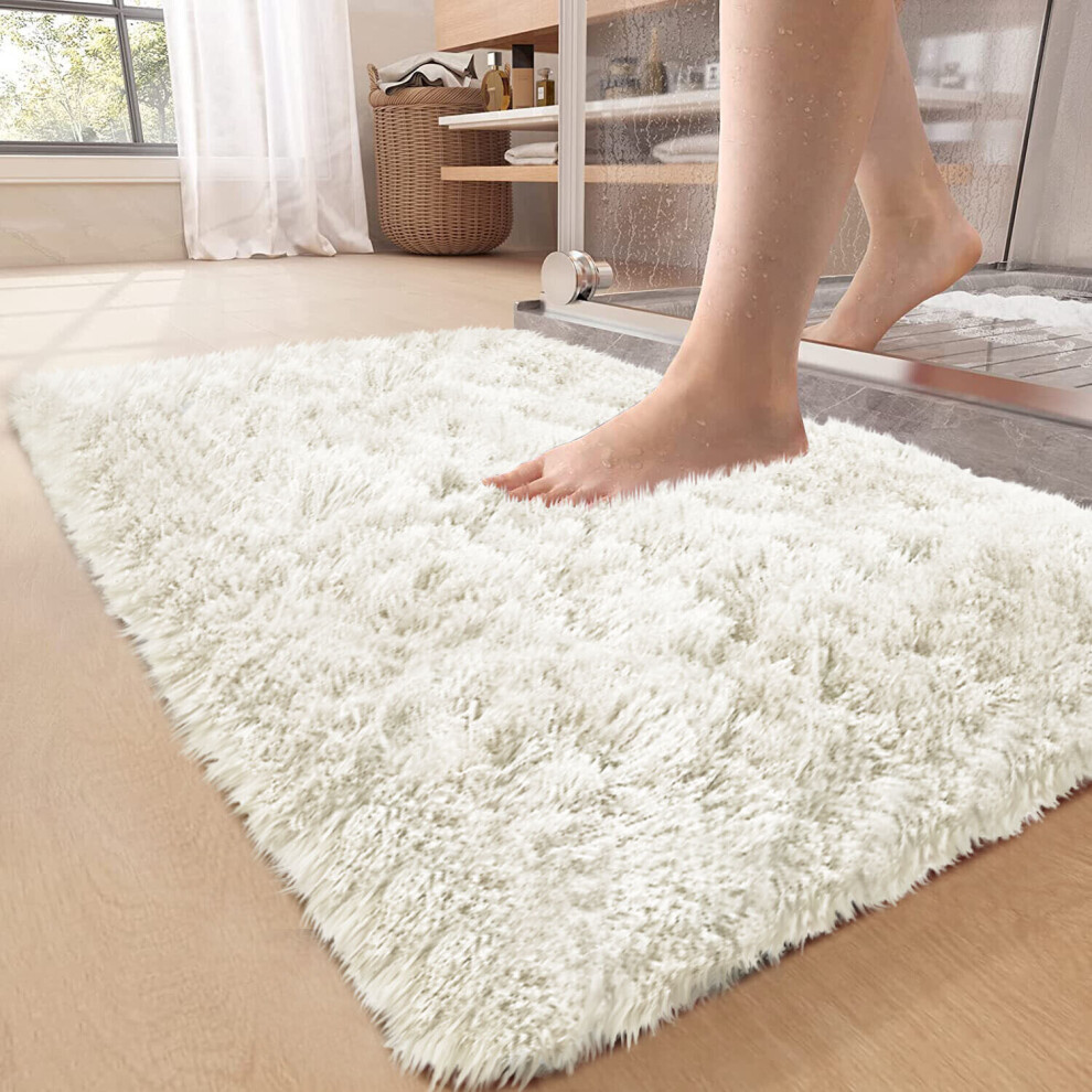 (50cm x 80 cm OR 1 ft 6 in x 2 ft 6 in Bath Mat/ Door Mat, Cream- Shaggy Rugs) Non-Slip Rugs Shaggy Rug Living Room Carpet Runner