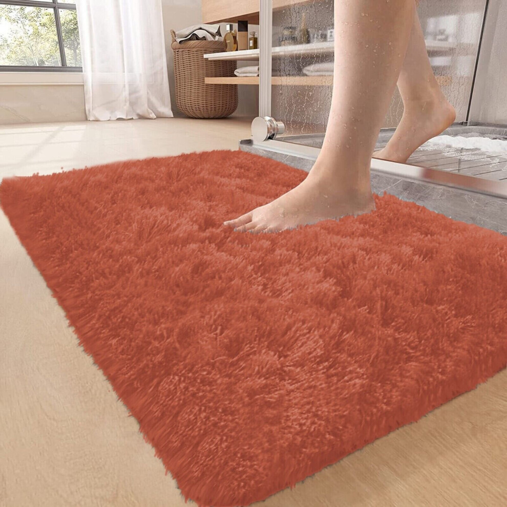 (50cm x 80 cm OR 1 ft 6 in x 2 ft 6 in Bath Mat/ Door Mat, Rust/ Orange- Shaggy Rugs) Non-Slip Rugs Shaggy Rug Living Room Carpet Runner