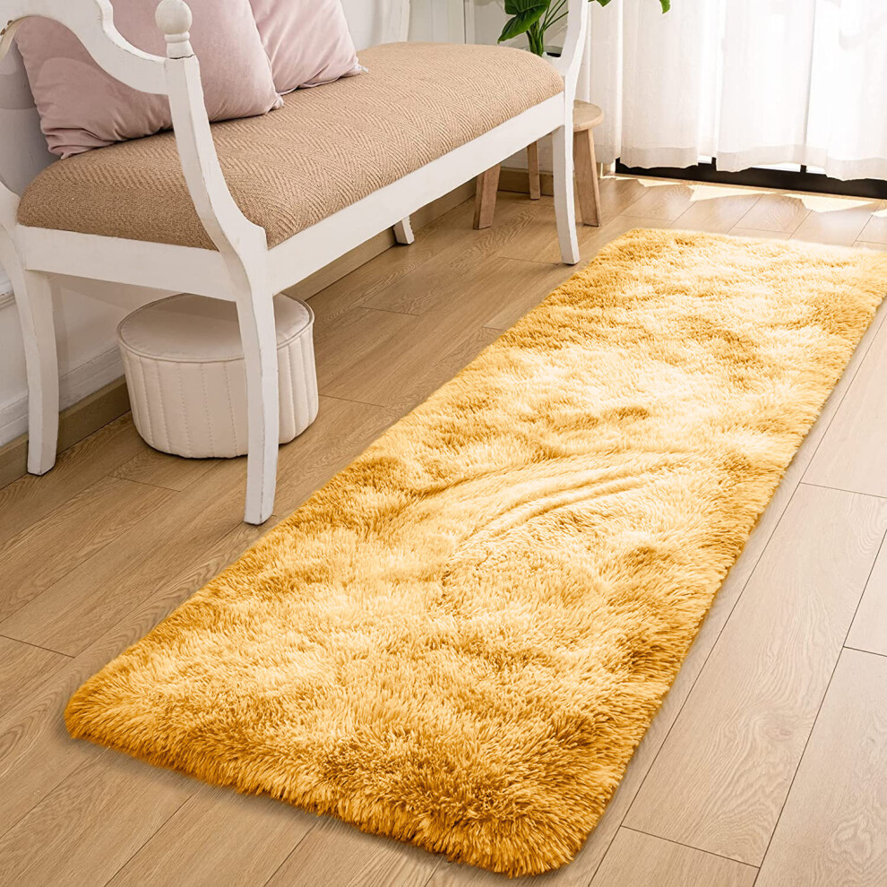 (60cm x 220cm OR 2ft x 7ft 3"- Runner, Yellow/ Ochre- Shaggy Rugs) Non-Slip Rugs Shaggy Rug Living Room Carpet Runner