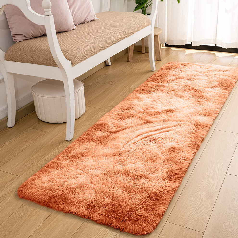 (60cm x 220cm OR 2ft x 7ft 3"- Runner, Rust/ Orange- Shaggy Rugs) Non-Slip Rugs Shaggy Rug Living Room Carpet Runner