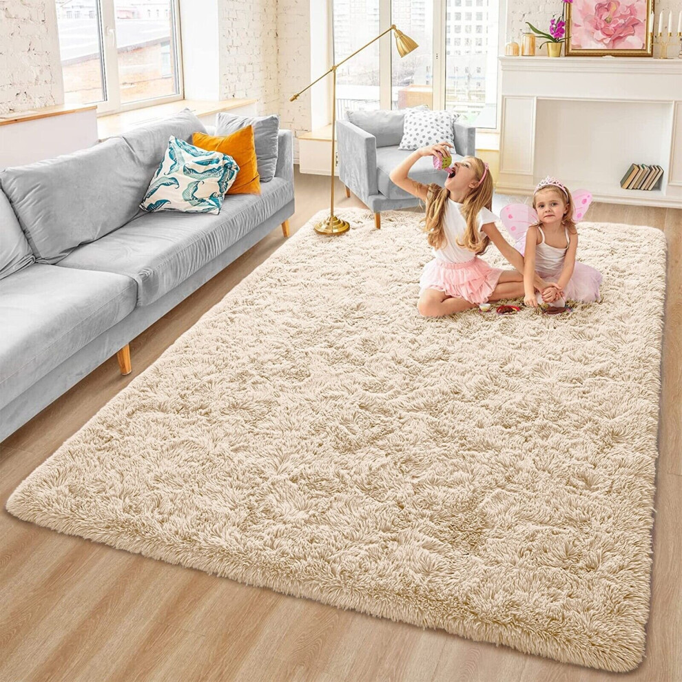 (160cm x 230cm OR 5ft 3" x 7ft 6"- Large Area Rug, Beige- Shaggy Rugs) Non-Slip Rugs Shaggy Rug Living Room Carpet Runner