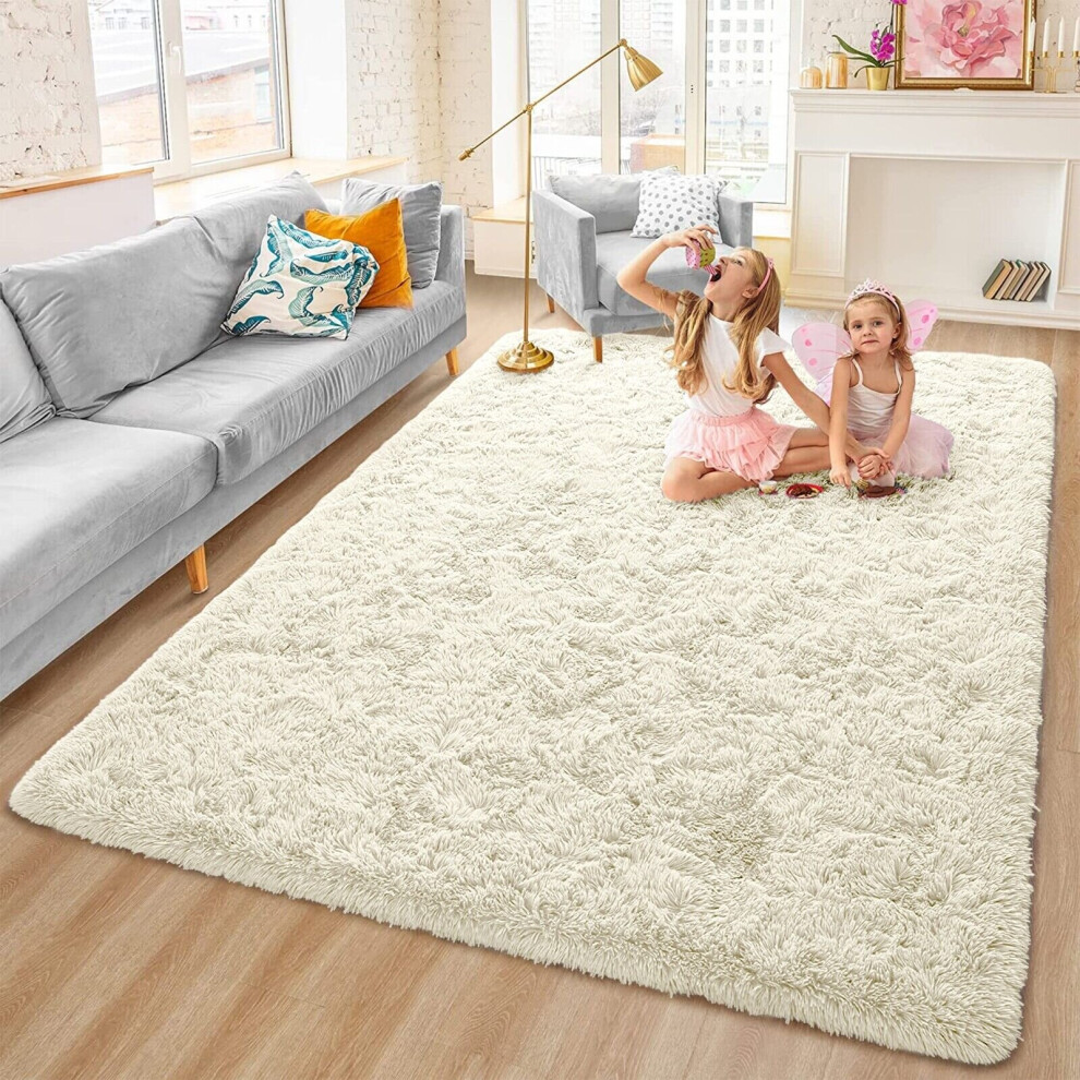 (120cm x 170cm OR 4ft x 5ft 6"- Small Area Rug, Cream- Shaggy Rugs) Non-Slip Rugs Shaggy Rug Living Room Carpet Runner