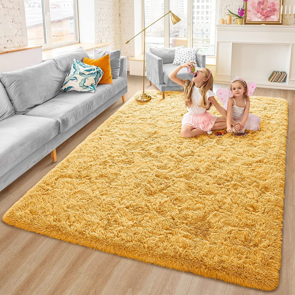 (160cm x 230cm OR 5ft 3" x 7ft 6"- Large Area Rug, Yellow/ Ochre- Shaggy Rugs) Non-Slip Rugs Shaggy Rug Living Room Carpet Runner