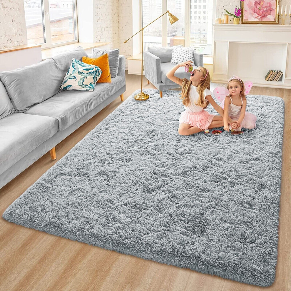 (120cm x 170cm OR 4ft x 5ft 6"- Small Area Rug, Silver/ Grey- Shaggy Rugs) Non-Slip Rugs Shaggy Rug Living Room Carpet Runner