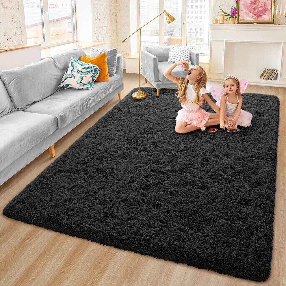 (120cm x 170cm OR 4ft x 5ft 6"- Small Area Rug, Black- Shaggy Rugs) Non-Slip Rugs Shaggy Rug Living Room Carpet Runner