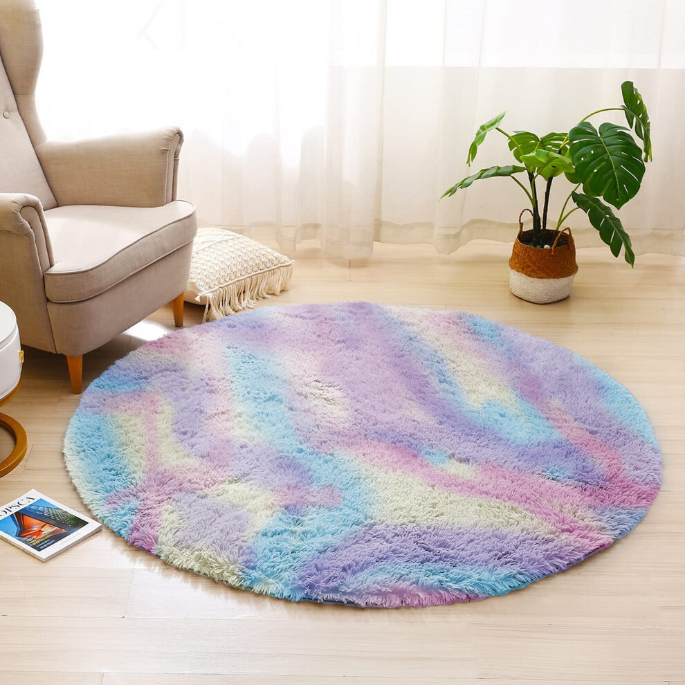 (120cm x 120cm OR 4ft x 4ft- Round Rug, Rainbow- Shaggy Rugs) Non-Slip Rugs Shaggy Rug Living Room Carpet Runner