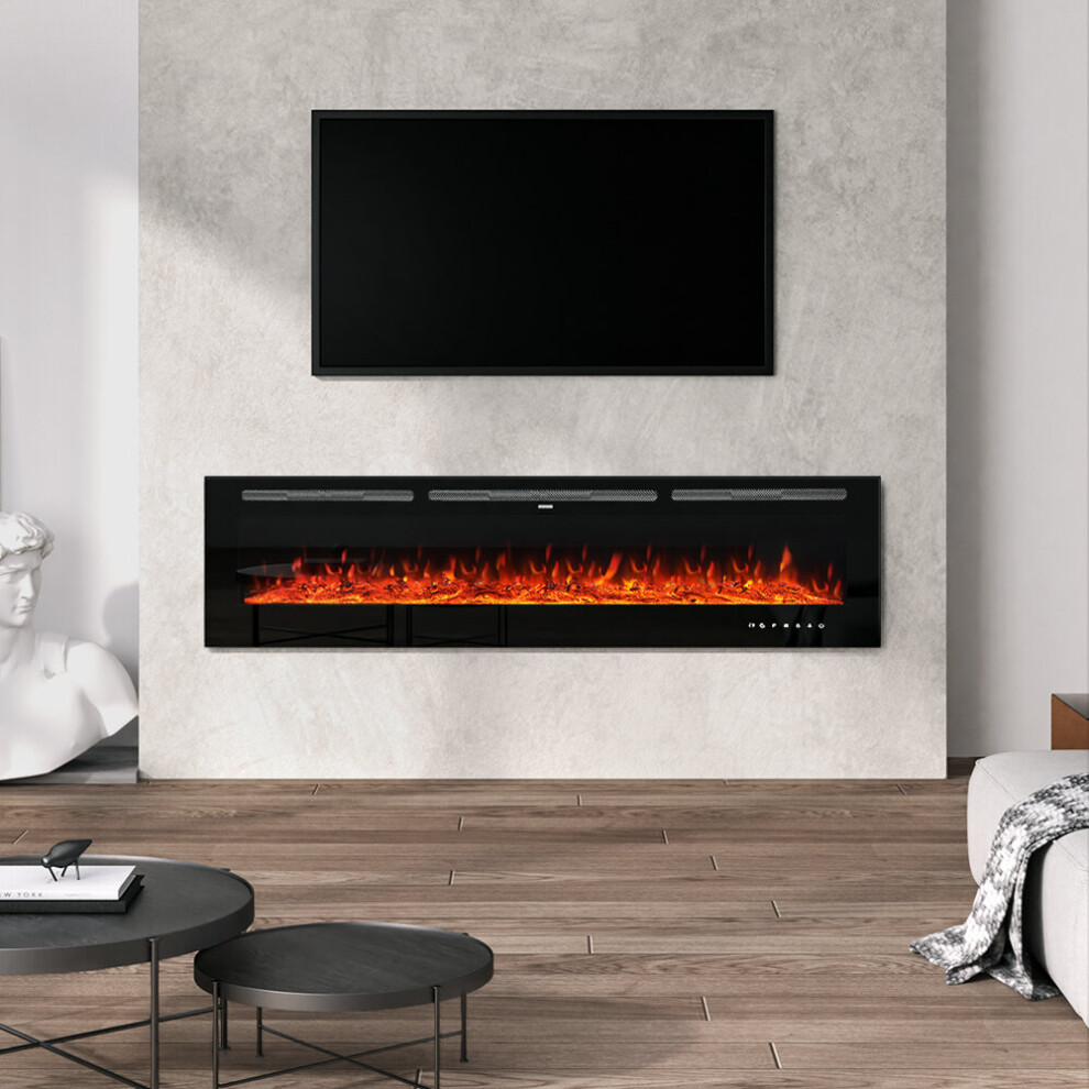 70 Inch Wall/Inset Electric Fireplace Fire 9 LED Flames Crystal/Log Effect Heater