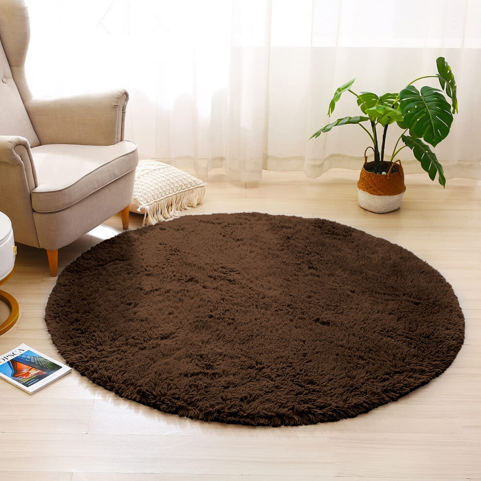 (120cm x 120cm OR 4ft x 4ft- Round Rug, Brown- Shaggy Rugs) Non-Slip Rugs Shaggy Rug Living Room Carpet Runner