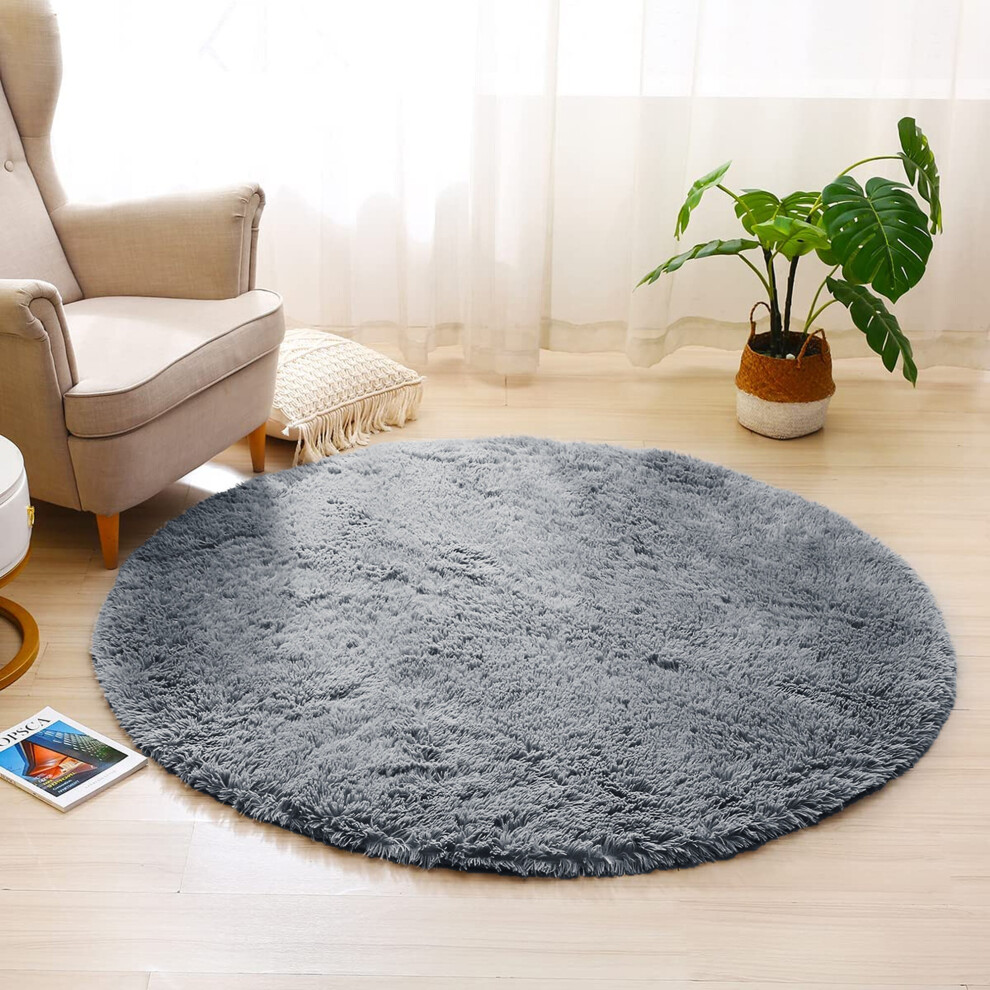 (120cm x 120cm OR 4ft x 4ft- Round Rug, Silver/ Grey- Shaggy Rugs) Non-Slip Rugs Shaggy Rug Living Room Carpet Runner