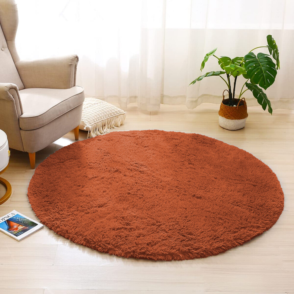 (120cm x 120cm OR 4ft x 4ft- Round Rug, Rust/ Orange- Shaggy Rugs) Non-Slip Rugs Shaggy Rug Living Room Carpet Runner