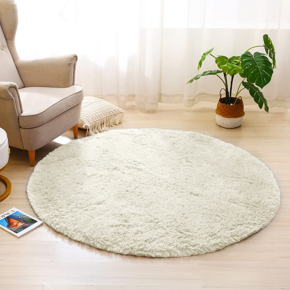 (120cm x 120cm OR 4ft x 4ft- Round Rug, Cream- Shaggy Rugs) Non-Slip Rugs Shaggy Rug Living Room Carpet Runner