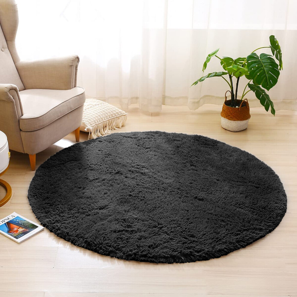 (120cm x 120cm OR 4ft x 4ft- Round Rug, Black- Shaggy Rugs) Non-Slip Rugs Shaggy Rug Living Room Carpet Runner