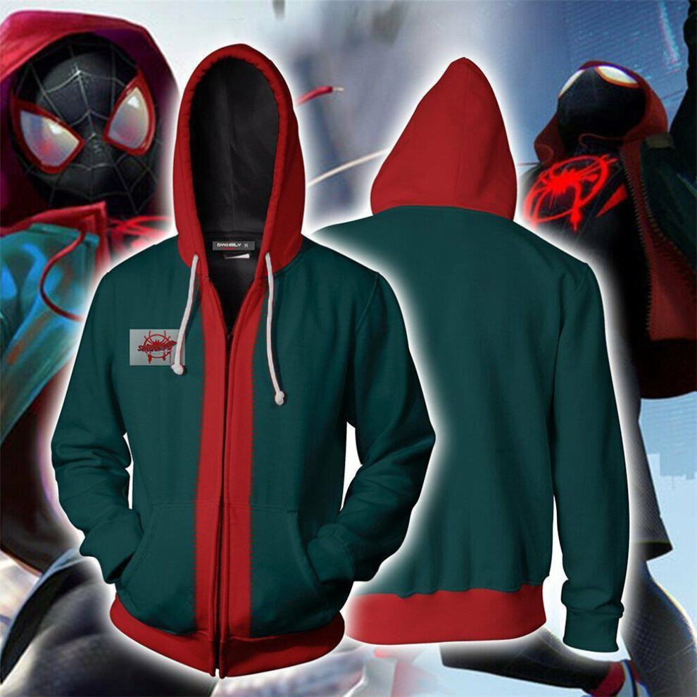 (M) Spiderman Into the Spider Verse Miles Morales Hoodie Adult Outerwear Drawstring Jacket Cosplay Halloween Long Sleeve Coat 