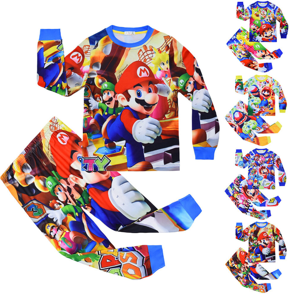 (B, 4-5Years) Super Mario Bros Pajamas Set Kids Boys Loungewear Long Sleeve T-shirt Pants Outfits Casual Sleepwear