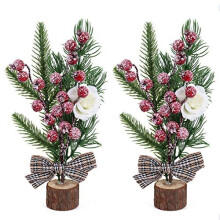 2Pcs Mini Christmas Trees Tabletop Christmas Tree Small Christmas Trees with Red Berries Christmas Pine Needles Mini Xmas Tree Artificial Decorations