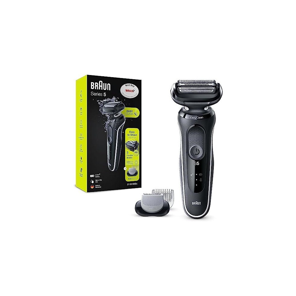 Braun Series 5 51-W1600s Electric Shaver for Men with EasyClick Body Groomer Attachment, EasyClean, Wet & Dry, Rechargeable, Cordless Foil Razor