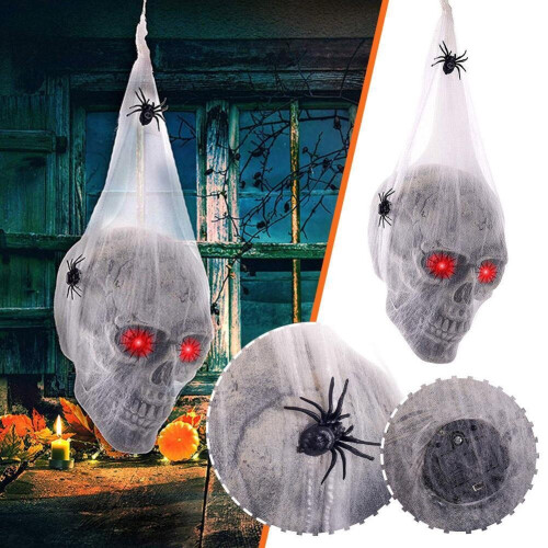Halloween Animated Hanging Skulls Head Covered with Spider Webs 2