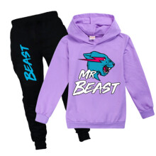 (13-14 Years, Purple) Kids Boys Girls Mr Beast Casual Hoodie Hooded Jumper Pullover Tops + Pants Trousers Suit Tracksuit Sets 7-14Y