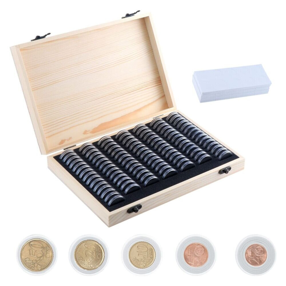 100Pcs Coin Capsules Storage Box Holder Collect Supplies + Wooden Case