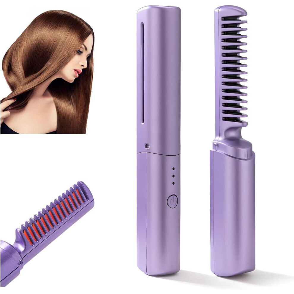 (Purple) 2 in 1 Rechargeable Mini Hair Straightener, Hair Curling Iron, Portable Cordless Hair Straightener Comb