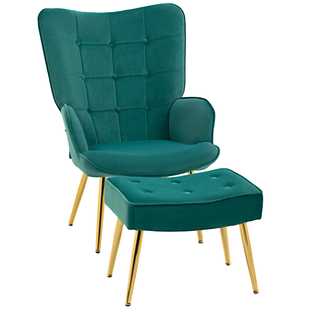 Button Tufted Armchair with Footstool Gold Metal Legs Dark Green Lounge Chair - Image 3