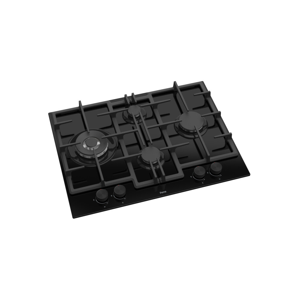 Ferre ED075W - 65cm Built-in Gas Hob - 4 Burners - Black Glass Body