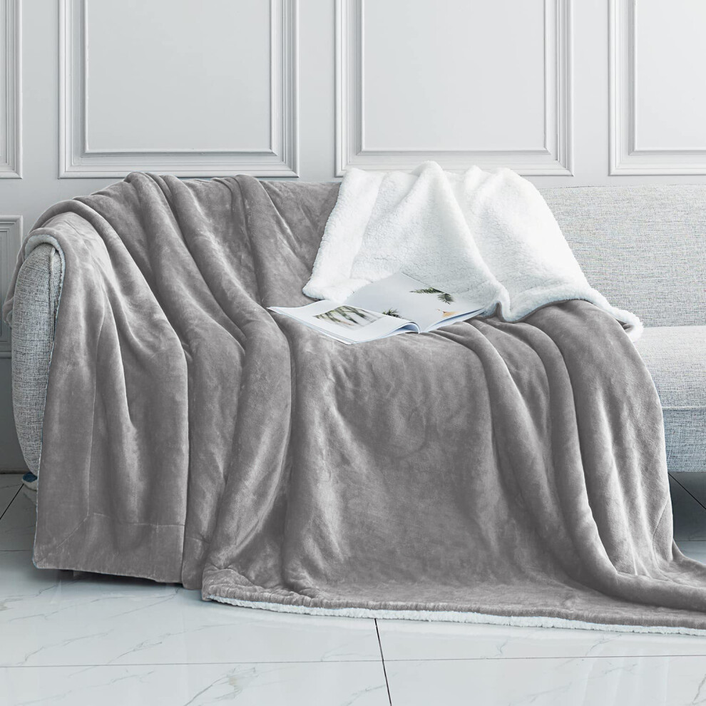 (King Sherpa Blankets, Silver -Sherpa Blanket) Sherpa Fleece Blankets Reversible Plush Throw Soft Warm Luxurious Double Layer Sofa Bed Blanket