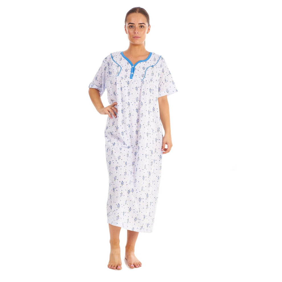 (Blue, 3XL) Women Cotton Long Nightdress Floral Button Short Sleeve V-Neck Soft Nightwear