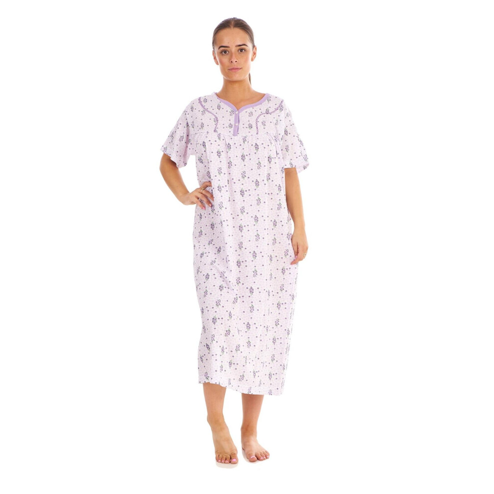 (Lavender, XXL) Women Cotton Long Nightdress Floral Button Short Sleeve V-Neck Soft Nightwear