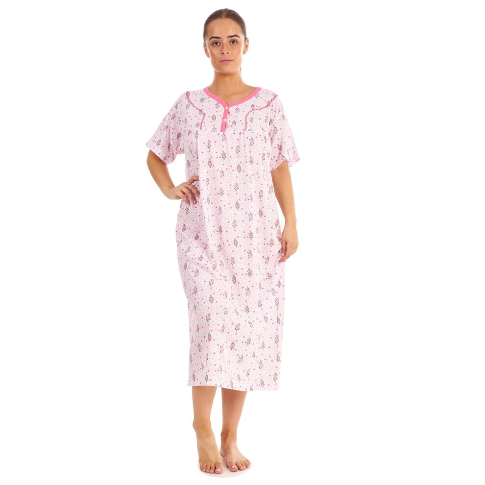 (Pink, 3XL) Women Cotton Long Nightdress Floral Button Short Sleeve V-Neck Soft Nightwear